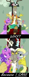 Size: 900x2342 | Tagged: suggestive, artist:scruffytoto, derpibooru import, derpy hooves, discord, screwball, draconequus, earth pony, pegasus, pony, clothes, derpcord, discord gets all the mares, discord's throne, disqord, female, harem, hawaiian shirt, male, mare, q, scrunchy face, shipping, star trek, star trek: borg, straight, swag, wing hold