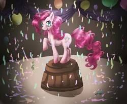 Size: 2200x1800 | Tagged: safe, artist:dream--chan, derpibooru import, pinkie pie, earth pony, pony, balloon, confetti, female, mare, raised hoof, smiling, solo