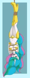 Size: 739x1920 | Tagged: anthro, artist:kloudmutt, ballgag, belly button, bikini, blushing, bondage, box tied, breast bondage, breasts, clothes, curvy, derpibooru import, female, femsub, gag, hanging, hanging upside down, hung upside down, one eye closed, princess celestia, rope, rope bondage, solo, solo female, sublestia, submissive, suggestive, suspended, swimsuit, tied up, upside down