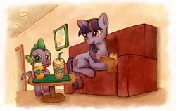 Size: 1181x748 | Tagged: safe, artist:hobilo, derpibooru import, spike, twilight sparkle, dragon, pony, unicorn, book, couch, drink, duo, female, male, mare, pixiv, prone, smiling, starbucks, table