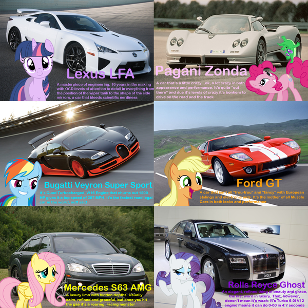 Size: 1280x1279 | Tagged: safe, derpibooru import, applejack, fluttershy, gummy, pinkie pie, rainbow dash, rarity, twilight sparkle, earth pony, pegasus, pony, unicorn, bugatti, bugatti veyron, car, female, ford, ford gt, lexus, lexus lf-a, mare, mercedes-benz, mercedes-benz s-class, mercedes-benz s63 amg, mercedes-benz w221, pagani, pagani zonda, rolls-royce, rolls-royce ghost