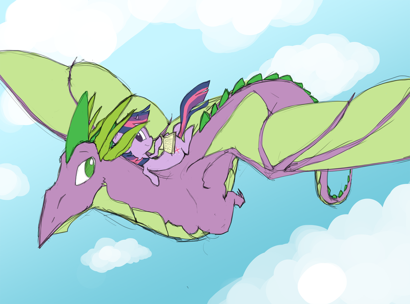 Size: 2000x1480 | Tagged: safe, artist:nowler, derpibooru import, spike, twilight sparkle, dragon, pony, unicorn, adult spike, book, cloud, duo, female, flying, male, mare, older, older spike, on back, ponies riding dragons, riding, sky, smiling, wings