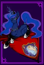 Size: 594x862 | Tagged: safe, artist:longinius, derpibooru import, princess luna, alicorn, pony, clothed ponies, clothes, coat of arms, crest, female, horn jewelry, jewelry, mare, prone, socks, solo, tail wrap