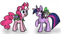 Size: 946x526 | Tagged: safe, artist:orangealley, derpibooru import, gummy, pinkie pie, spike, twilight sparkle, dragon, earth pony, pony, unicorn, dragons riding ponies, female, gators riding ponies, gradient background, grin, male, mare, raised hoof, riding, smiling