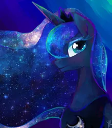 Size: 700x800 | Tagged: dead source, safe, artist:dotoriii, derpibooru import, princess luna, alicorn, pony, abstract background, bust, ethereal mane, female, galaxy mane, mare, profile, solo