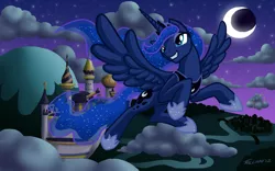 Size: 1200x750 | Tagged: safe, artist:dembai, derpibooru import, princess luna, alicorn, pony, canterlot, crescent moon, female, flying, mare, moon, night, smiling, solo