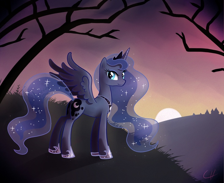 Size: 2200x1800 | Tagged: safe, artist:author-chan, derpibooru import, princess luna, alicorn, pony, female, looking at you, looking back, mare, solo, sunset