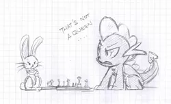 Size: 1280x777 | Tagged: angel bunny, artist:skutchi, chess, derpibooru import, dragon, duo, graph paper, male, monochrome, safe, spike, traditional art