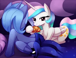 Size: 1200x927 | Tagged: suggestive, artist:negativefox, derpibooru import, princess celestia, princess luna, alicorn, pony, blanket, burger king, duo, duo female, female, food, mare, pillow, prone, s1 luna