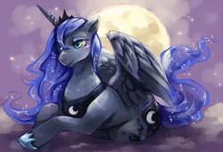 Size: 945x647 | Tagged: safe, artist:kamitake, derpibooru import, princess luna, alicorn, pony, female, lidded eyes, mare, moon, prone, solo