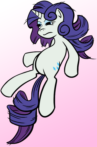 Size: 470x711 | Tagged: dead source, safe, artist:sir-dangereaux, derpibooru import, rarity, pony, unicorn, annoyed, bed mane, female, gradient background, mare, newbie artist training grounds, on back, photoshop, solo