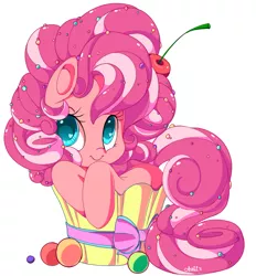Size: 838x903 | Tagged: safe, artist:sugaryrainbow, derpibooru import, pinkie pie, earth pony, pony, cherry, colored pupils, cupcake, cute, diapinkes, female, food, heart eyes, mare, simple background, solo, white background, wingding eyes