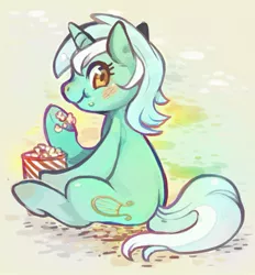 Size: 731x787 | Tagged: safe, artist:mi-eau, derpibooru import, lyra heartstrings, pony, unicorn, abstract background, blush sticker, blushing, eating, female, food, looking at you, looking back, mare, popcorn, sitting, smiling, solo