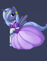 Size: 1470x1890 | Tagged: safe, artist:kloudmutt, derpibooru import, princess luna, alicorn, pony, clothes, dress, ear piercing, earring, female, horn ring, jewelry, mare, piercing, raised hoof, s1 luna, simple background, solo