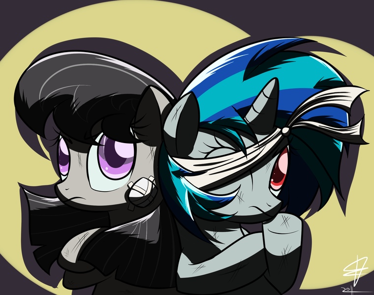 Size: 1900x1500 | Tagged: safe, artist:mister-markers, derpibooru import, octavia melody, vinyl scratch, earth pony, pony, unicorn, bandage, duo, duo female, female, mare