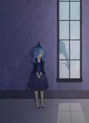 Size: 721x1000 | Tagged: artist:tinrobo, derpibooru import, eyes closed, female, hair over one eye, human, humanized, lonely, night, princess luna, s1 luna, safe, solo, wall, window