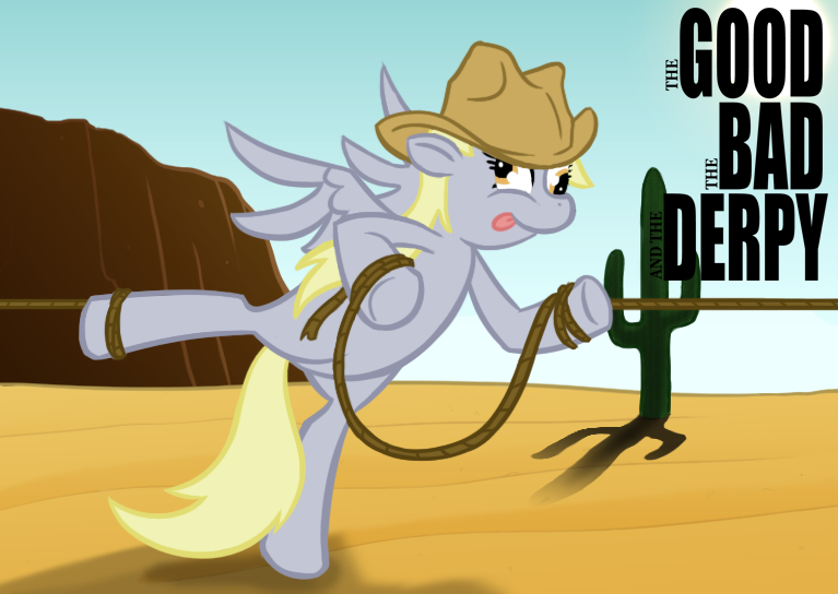 Size: 767x544 | Tagged: dead source, safe, artist:sir-dangereaux, derpibooru import, derpy hooves, pegasus, pony, cactus, female, hat, mare, newbie artist training grounds, parody, photoshop, rope, saguaro cactus, solo, the good the bad and the ugly, tied up, tongue out, western