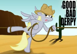 Size: 767x544 | Tagged: dead source, safe, artist:sir-dangereaux, derpibooru import, derpy hooves, pegasus, pony, cactus, female, hat, mare, newbie artist training grounds, parody, photoshop, rope, saguaro cactus, solo, the good the bad and the ugly, tied up, tongue out, western