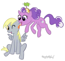 Size: 1000x942 | Tagged: safe, artist:hoppip, derpibooru import, derpy hooves, screwball, earth pony, pegasus, pony, duo, duo female, female, floating, flying, licking, mare, simple background, sitting, transparent background