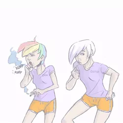 Size: 800x800 | Tagged: 2010s, 2012, artist:thereturnofmuabo, cigarette, clothes, coughing, derpibooru import, duo, duo female, female, gilda, gym shorts, hand on hip, human, humanized, multicolored hair, rainbow dash, rainbow hair, safe, sexy, shirt, shorts, smoking, sultry pose, t-shirt, white hair