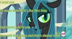 Size: 764x422 | Tagged: safe, derpibooru import, edit, edited screencap, screencap, queen chrysalis, changeling, changeling queen, a canterlot wedding, female, hub logo, image, image macro, panty and stocking with garterbelt, png, solo, song, song reference