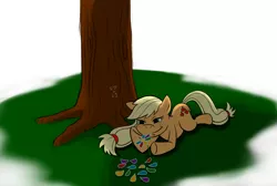 Size: 1320x886 | Tagged: dead source, safe, artist:sir-dangereaux, derpibooru import, applejack, earth pony, pony, appledash, blushing, female, flower, hatless, implied shipping, lesbian, mare, missing accessory, newbie artist training grounds, petals, prone, shipping, solo, tree