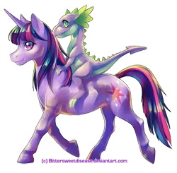 Size: 600x587 | Tagged: safe, artist:foervraengd, derpibooru import, spike, twilight sparkle, dragon, pony, unicorn, dragons riding ponies, female, male, mare, outline, realistic, riding, simple background, transparent background, walking