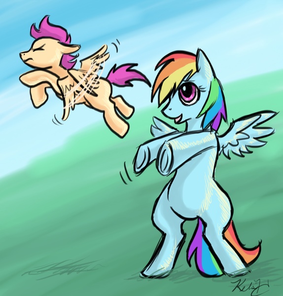 Size: 1759x1840 | Tagged: safe, artist:viperviolist, derpibooru import, rainbow dash, scootaloo, pegasus, pony, abstract background, bipedal, duo, duo female, female, filly, flying, mare, scootaloo can fly, signature