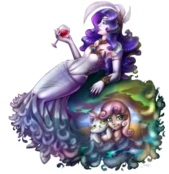 Size: 1527x1567 | Tagged: armpits, artist:limreiart, clothes, derpibooru import, dress, feather, female, glass, human, humanized, opalescence, rarity, safe, sweetie belle, wine glass