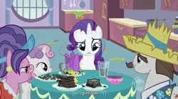 Size: 851x472 | Tagged: safe, derpibooru import, screencap, cookie crumbles, hondo flanks, rarity, sweetie belle, pony, unicorn, sisterhooves social, burnt juice, clothes, earring, female, filly, food, frown, grenade, hub logo, interior, male, mare, rarity looking at food, smiling, stallion, worried, youtube caption
