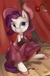 Size: 800x1219 | Tagged: safe, artist:briskby, derpibooru import, rarity, pony, unicorn, burlesque, clothes, dancer, dancing, dress, feather, female, hat, mare, rose, saloon dress, smiling, solo, stage