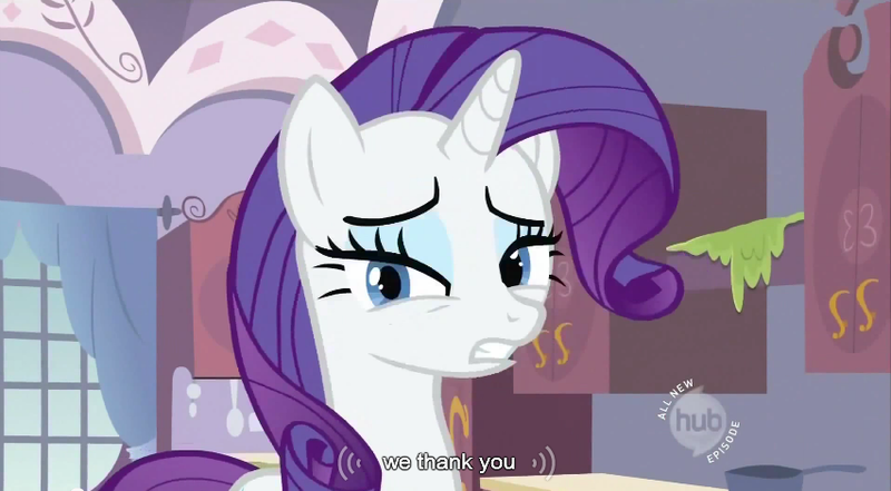 Size: 852x470 | Tagged: safe, derpibooru import, edit, edited screencap, screencap, rarity, pony, unicorn, sisterhooves social, caption, female, hub logo, mare, royal we, solo, youtube caption