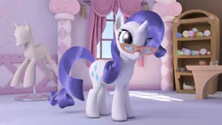 Size: 3840x2160 | Tagged: safe, artist:ig-64, derpibooru import, rarity, pony, unicorn, 3d, carousel boutique, cg, cloth, cute, drapes, fabric, female, glasses, high res, interior, mannequin, mare, pincushion, pins, ponyquin, rarity's glasses, render, scroll, smiling, solo, spool, standing, thread, wallpaper, window