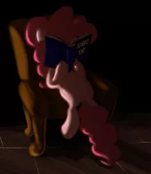 Size: 1014x1168 | Tagged: dead source, safe, artist:sir-dangereaux, derpibooru import, pinkie pie, earth pony, pony, book, chair, female, mare, newbie artist training grounds, photoshop, pun, reading, sitting, solo, the twilight zone, to serve man