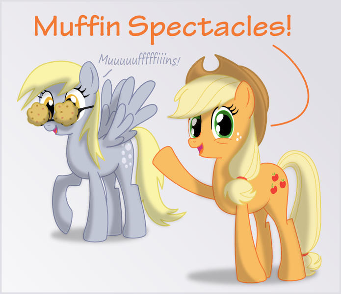 Size: 869x750 | Tagged: safe, artist:ctb-36, derpibooru import, applejack, derpy hooves, earth pony, pegasus, pony, duo, duo female, female, food, glasses, mare, muffin, pointing, spectacles, underp