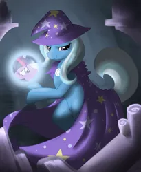 Size: 1227x1500 | Tagged: safe, artist:mirapony, derpibooru import, trixie, twilight sparkle, pony, unicorn, acdsee, bedroom eyes, bipedal, book, bookshelf, cape, clothes, crystal ball, duo, duo female, female, frown, glow, hat, hoof hold, image, jpeg, looking at you, mare, sad, smiling, solo focus, trixie's cape, trixie's hat