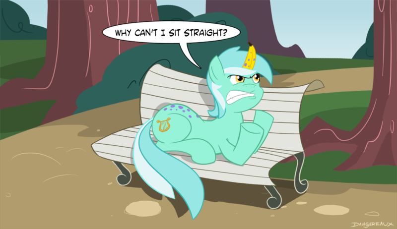 Size: 910x526 | Tagged: dead source, safe, artist:sir-dangereaux, derpibooru import, lyra heartstrings, pony, unicorn, banana, bench, dialogue, female, mare, newbie artist training grounds, photoshop, poison joke, prone, solo, speech bubble