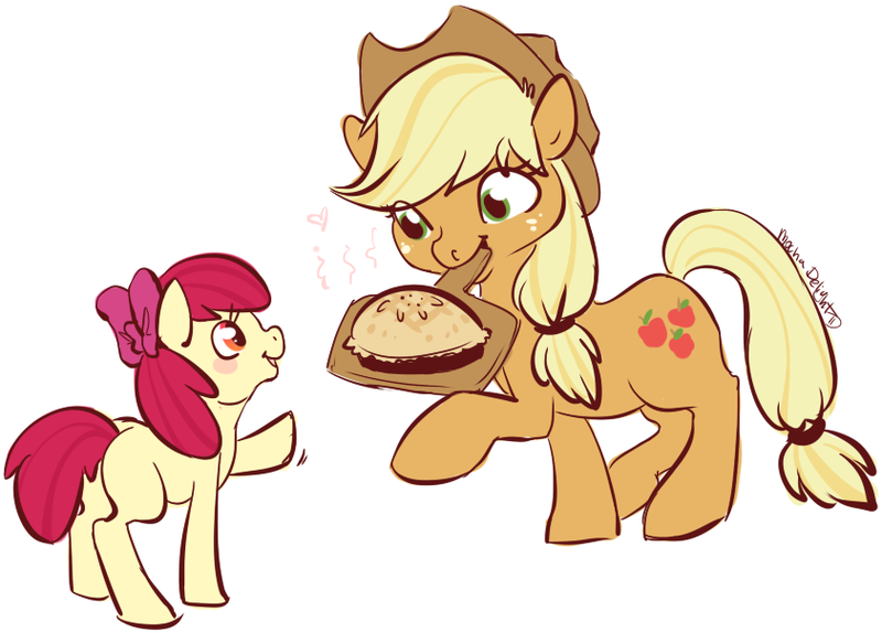 Size: 842x604 | Tagged: safe, artist:clovercoin, derpibooru import, apple bloom, applejack, earth pony, pony, duo, duo female, female, filly, mare, mouth hold, pie, raised hoof, simple background, white background