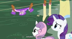 Size: 852x472 | Tagged: safe, derpibooru import, screencap, rarity, sweetie belle, pony, unicorn, sisterhooves social, clothes, duo, duo female, female, filly, mare, youtube caption