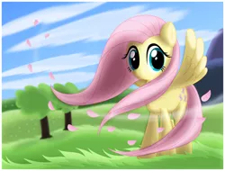 Size: 1092x830 | Tagged: safe, artist:ctb-36, derpibooru import, fluttershy, pegasus, pony, female, grass, mare, smiling, solo, windswept mane