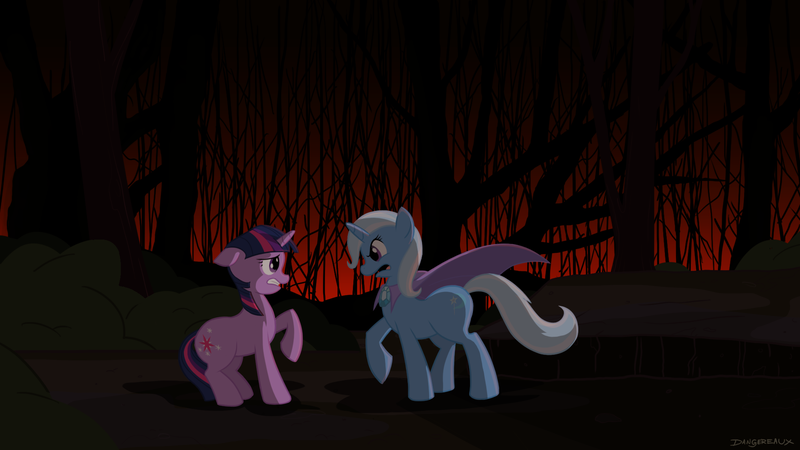 Size: 1920x1080 | Tagged: dead source, safe, artist:sir-dangereaux, derpibooru import, trixie, twilight sparkle, pony, unicorn, angry, cape, clothes, dark, duo, eye contact, female, forest, looking at each other, mare, newbie artist training grounds, photoshop, trixie's cape, unicorn twilight, wallpaper