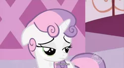 Size: 852x470 | Tagged: safe, derpibooru import, screencap, sweetie belle, pony, unicorn, sisterhooves social, carousel boutique, female, filly, floppy ears, solo, youtube caption