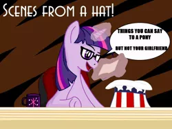 Size: 798x598 | Tagged: artist needed, safe, derpibooru import, twilight sparkle, pony, unicorn, crossover, female, glasses, hat, mare, mug, parody, scenes from a hat, sitting, solo, whose line is it anyway