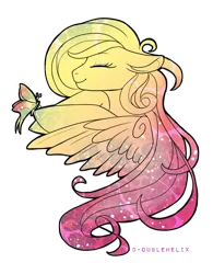 Size: 500x640 | Tagged: dead source, source needed, useless source url, safe, artist:d-oublehelix, derpibooru import, fluttershy, butterfly, pegasus, pony, bust, eyes closed, female, floppy ears, mare, portrait, profile, simple background, smiling, solo, transparent background