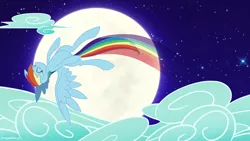 Size: 1920x1080 | Tagged: dead source, safe, artist:sir-dangereaux, derpibooru import, rainbow dash, pegasus, pony, cloud, cloudy, eyes closed, female, flying, happy, mare, moon, newbie artist training grounds, night, photoshop, solo, wallpaper