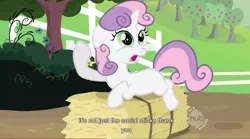 Size: 850x474 | Tagged: safe, derpibooru import, screencap, sweetie belle, pony, unicorn, female, filly, floppy ears, prone, solo, youtube caption