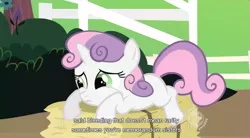 Size: 851x470 | Tagged: safe, derpibooru import, screencap, sweetie belle, pony, unicorn, female, filly, prone, solo, youtube caption