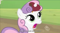 Size: 852x472 | Tagged: safe, derpibooru import, screencap, sweetie belle, pony, unicorn, apple, female, filly, food, hub logo, solo, youtube caption