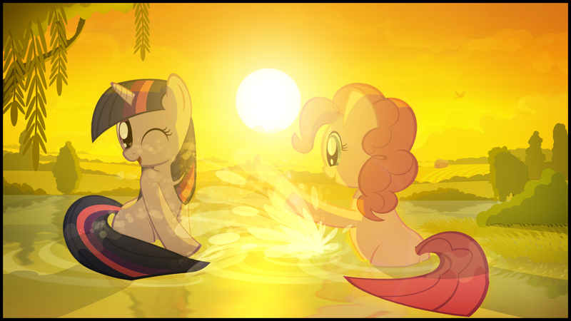 Size: 1920x1080 | Tagged: safe, artist:gign-3208, derpibooru import, pinkie pie, twilight sparkle, earth pony, pony, unicorn, backlighting, bath, duo, duo female, female, mare, pond, smiling, splashing, water