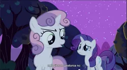 Size: 855x474 | Tagged: safe, derpibooru import, screencap, rarity, sweetie belle, pony, unicorn, sisterhooves social, duo, duo female, female, filly, mare, mel gibson, night, youtube caption